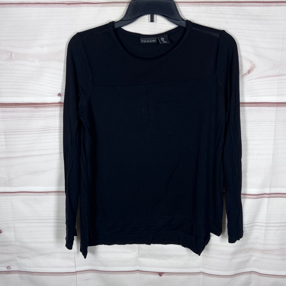 Tahari Top Womens Small Black Mesh Panel Crew Neck Long Sleeve T-Shirt Basic
